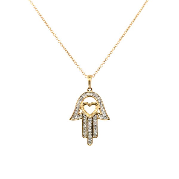 Closeup photo of 10K YG .20tcw Diamond Hamsa w/Heart Pendant Necklace 2.6g, 18"