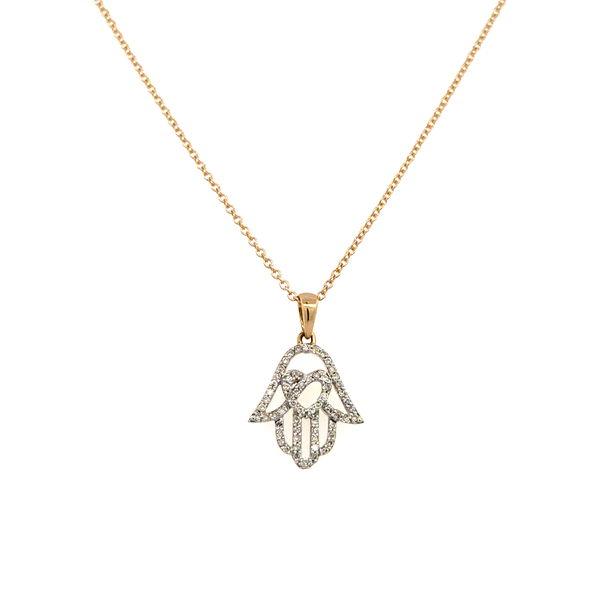 Closeup photo of 10K YG .20tcw Diamond Hamsa Pendant Necklace 2.2g, 18"