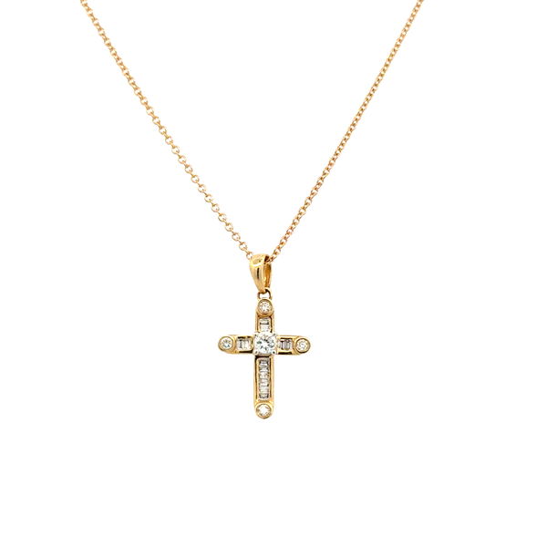 Closeup photo of 10K YG .35tcw Baguette & RBC Diamond Cross Pendant Necklace 2.1g, 18"