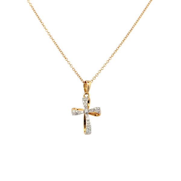 Closeup photo of 10K YG .10tcw RBC Diamond Twisted Cross Pendant Necklace 1.9g, 18"
