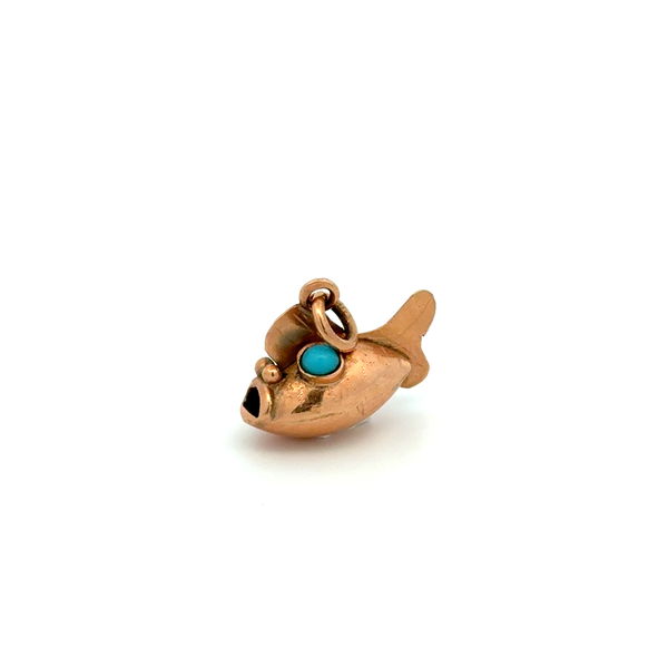 Closeup photo of 14K RG Vintage Open Mouth Fish Charm Blue Stone Eyes 1.9g