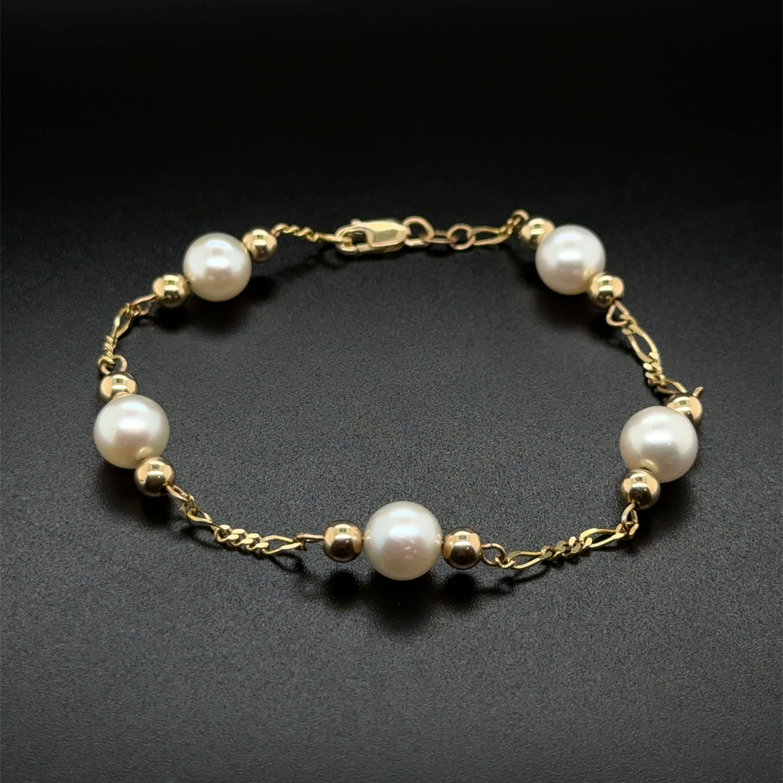 14K YG 7mm Pearl & Gold Bead Alternating Bracelet 4.1g, 7"
