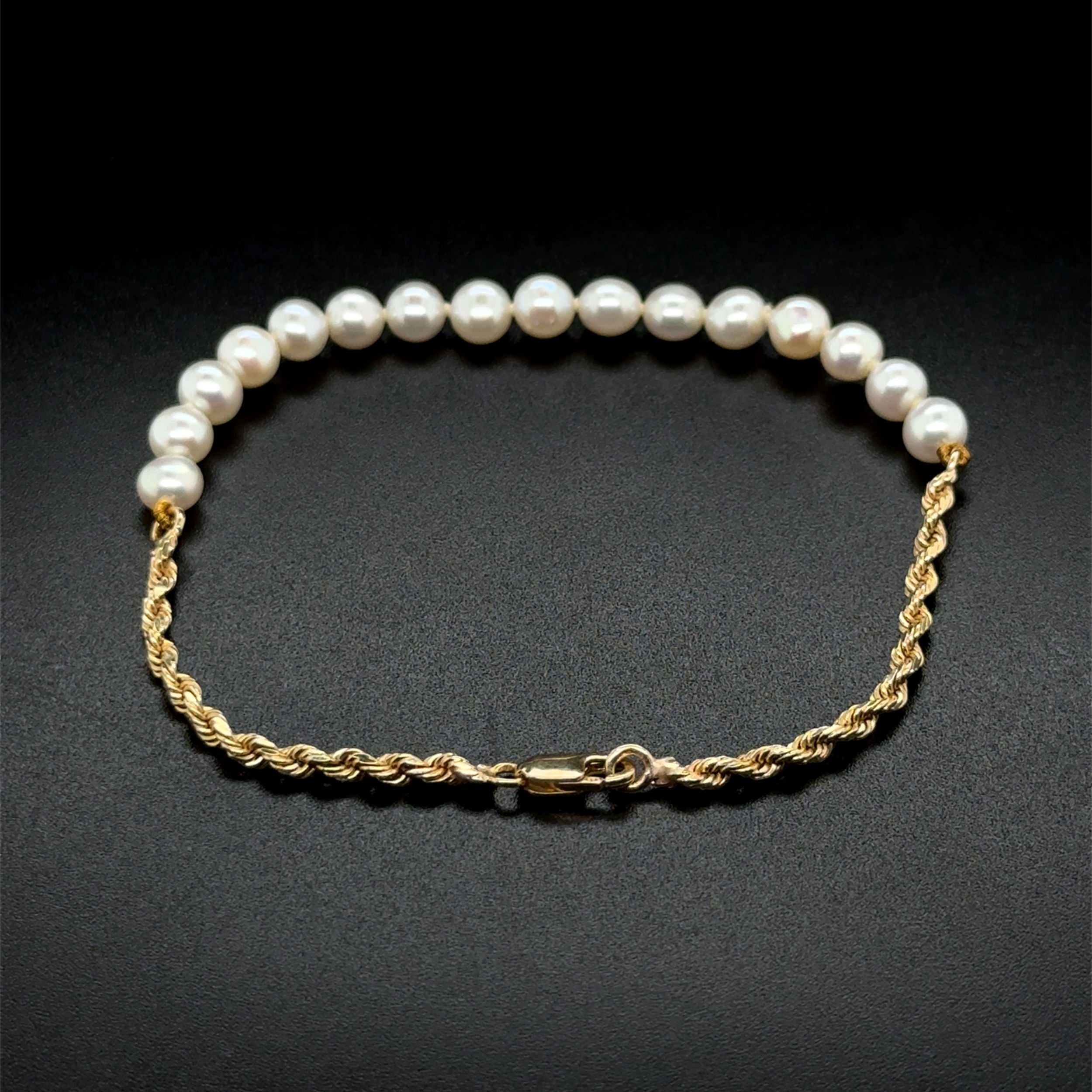 14K YG 5mm Pearl & Rope Chain Bracelet 4.2g, 7"