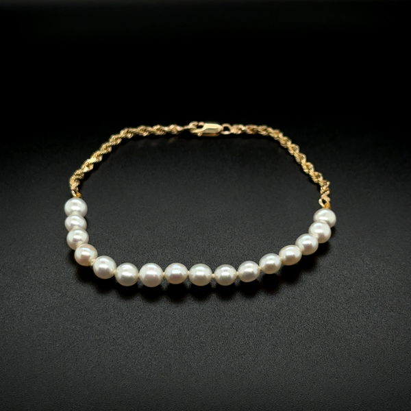 Closeup photo of 14K YG 5mm Pearl & Rope Chain Bracelet 4.2g, 7"