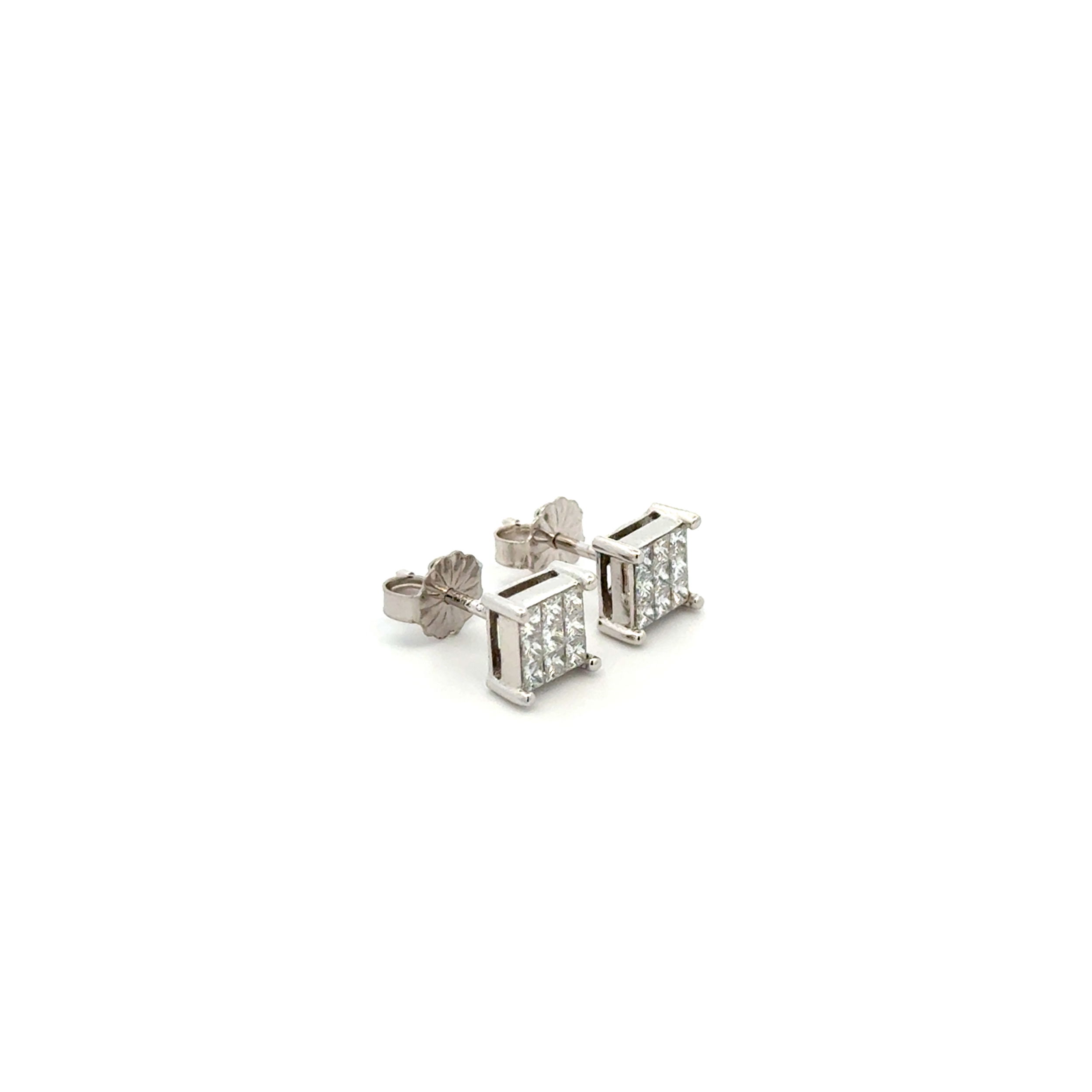 18K WG .90tcw Princess Diamond Cluster Square Stud Earrings 1.8g, 14K Backs