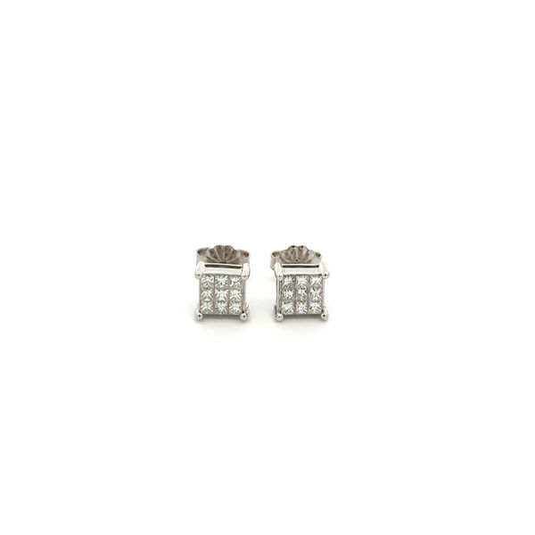 Closeup photo of 18K WG .90tcw Princess Diamond Cluster Square Stud Earrings 1.8g, 14K Backs