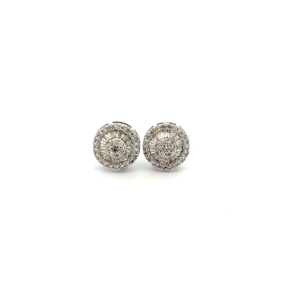 Closeup photo of 10K WG .50tcw Baguette & Round Diamond Circular Stud Earrings 1.7g, 8.5mm