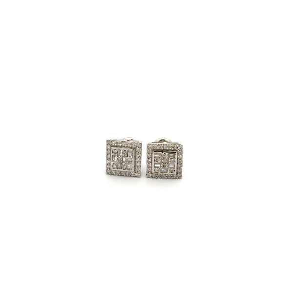 Closeup photo of 10K WG .45tcw Baguette & Round Diamond Square Stud Earrings 1.9g, 8mm