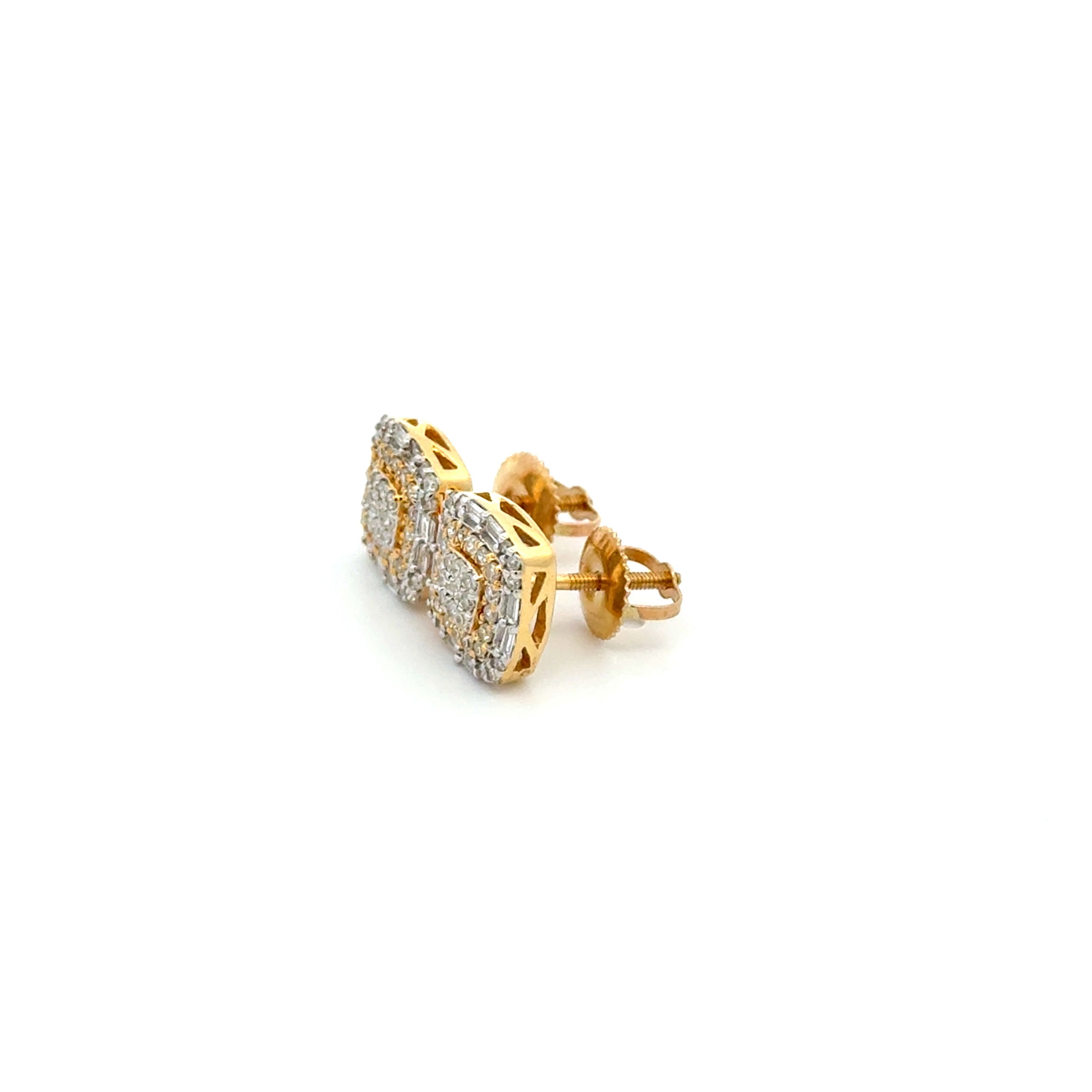 10K 2tone .50tcw Baguette & Round Diamond Cushion Stud Earrings 2.1g, 9.5mm