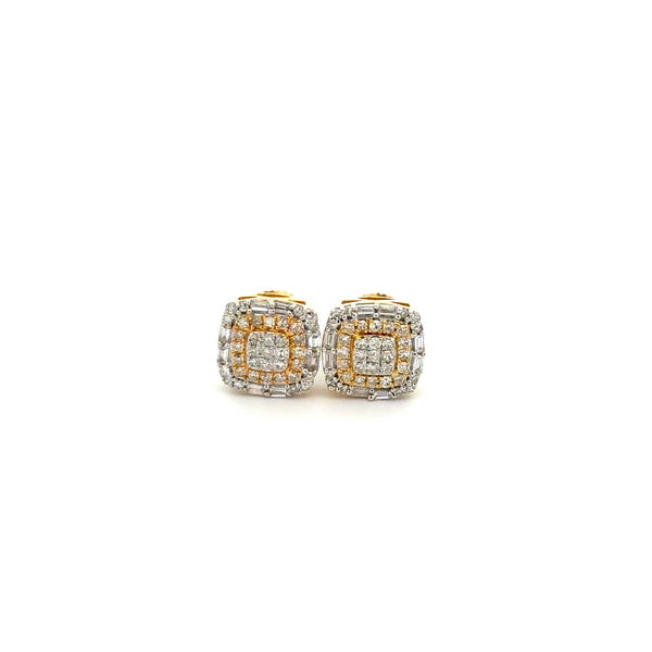 Closeup photo of 10K 2tone .50tcw Baguette & Round Diamond Cushion Stud Earrings 2.1g, 9.5mm