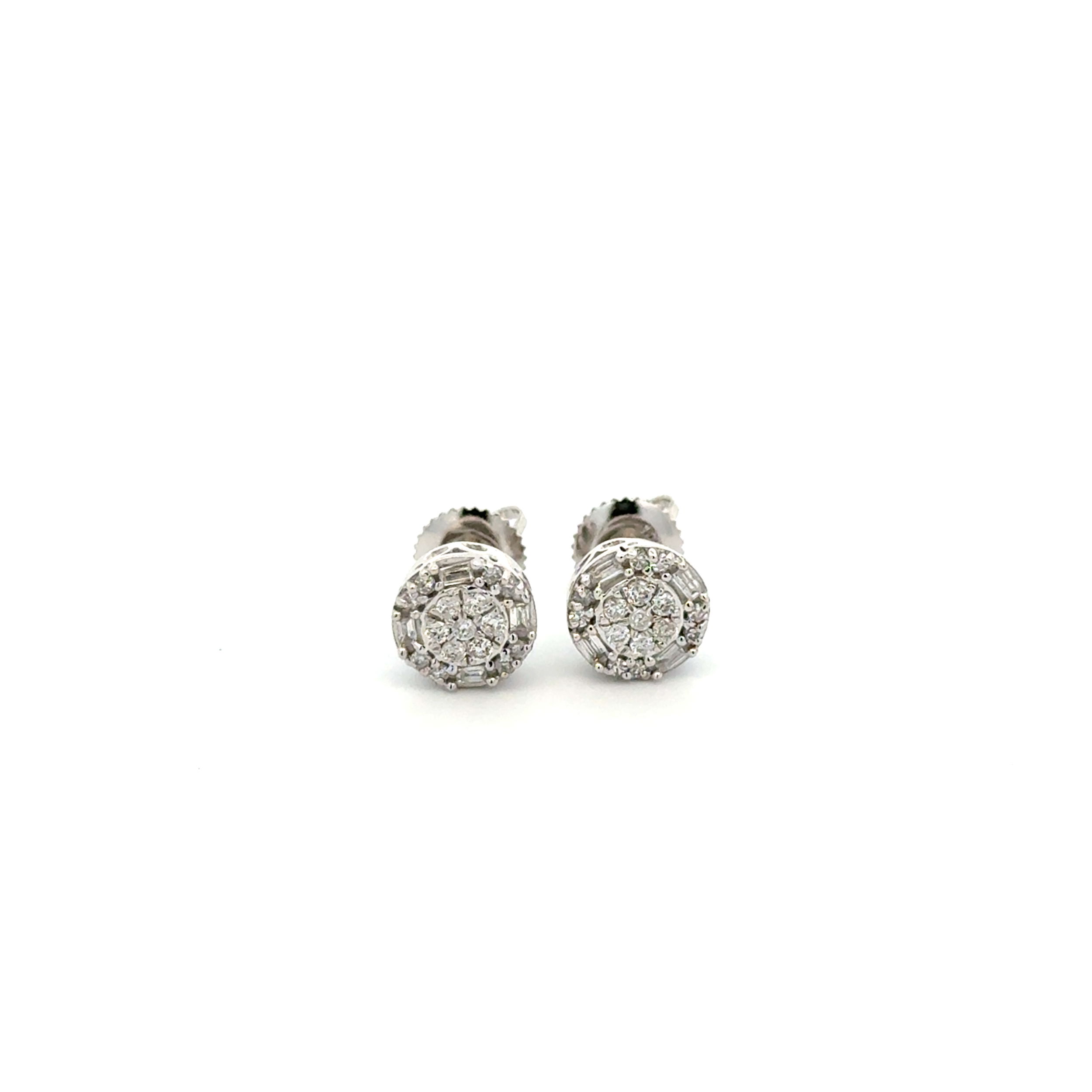 10K WG .33tcw Baguette & Round Diamond Round Stud Earrings 1.7g, 7.6mm