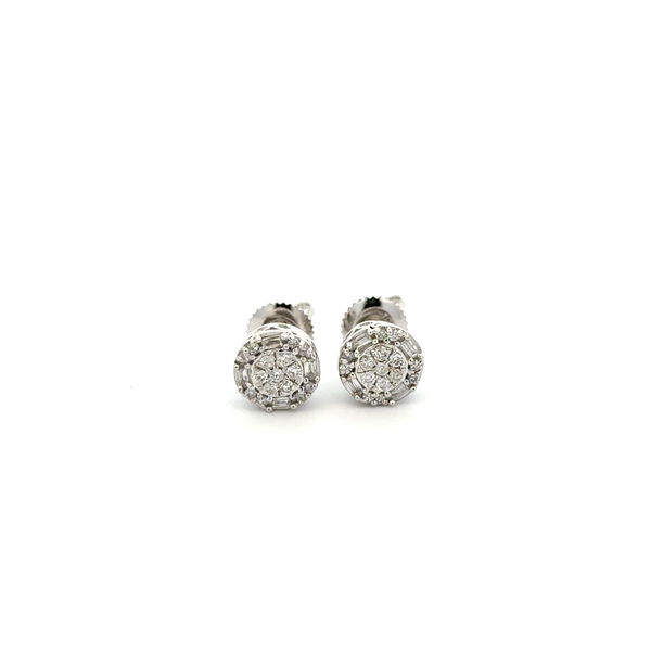Closeup photo of 10K WG .33tcw Baguette & Round Diamond Round Stud Earrings 1.7g, 7.6mm