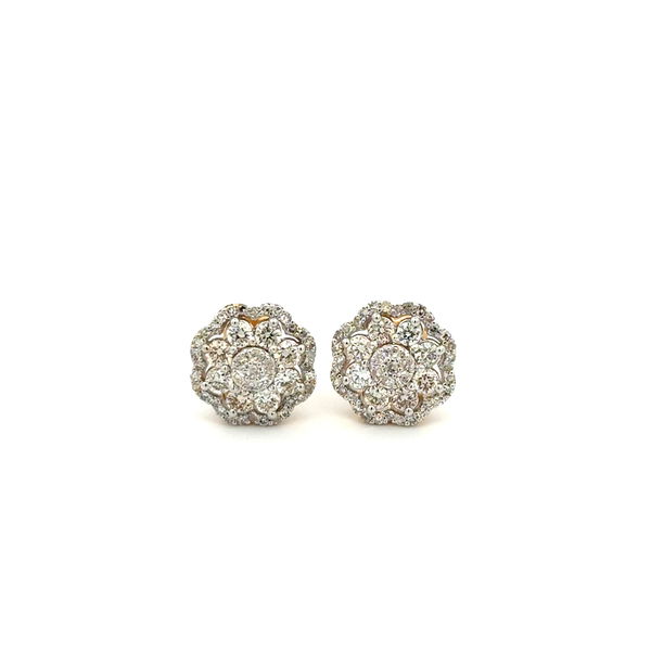 Closeup photo of 10K YG .63tcw Round Diamond Round Flower Stud Earrings 1.8g, 10mm