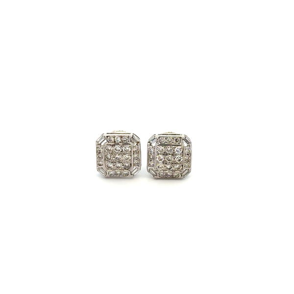 Closeup photo of 10K WG 1.00tcw Round Diamond Cushion Stud Earrings 2.5g, 9.5mm