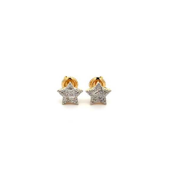 Closeup photo of 10K YG .30tcw Baguette & Round Diamond Star Stud Earrings 1.7g, 9.15mm