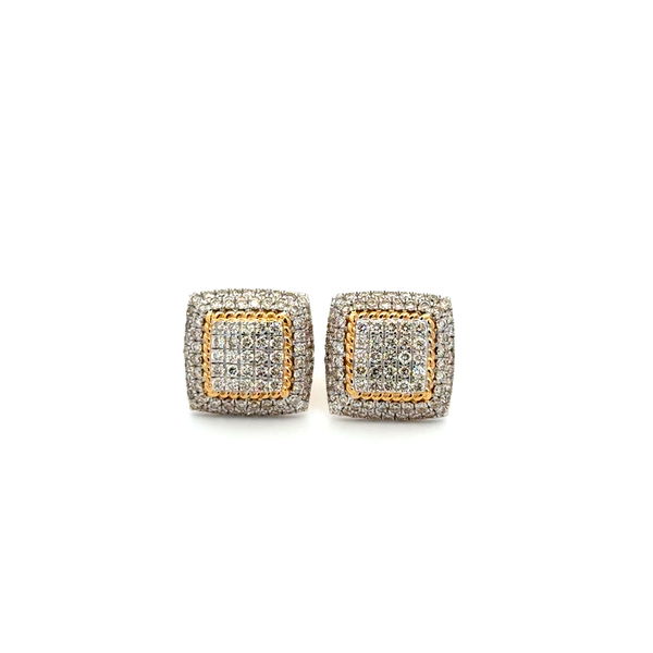 Closeup photo of 10K 2tone .75tcw Round Diamond Cushion Stud Earrings 4.2g, 12.5mm