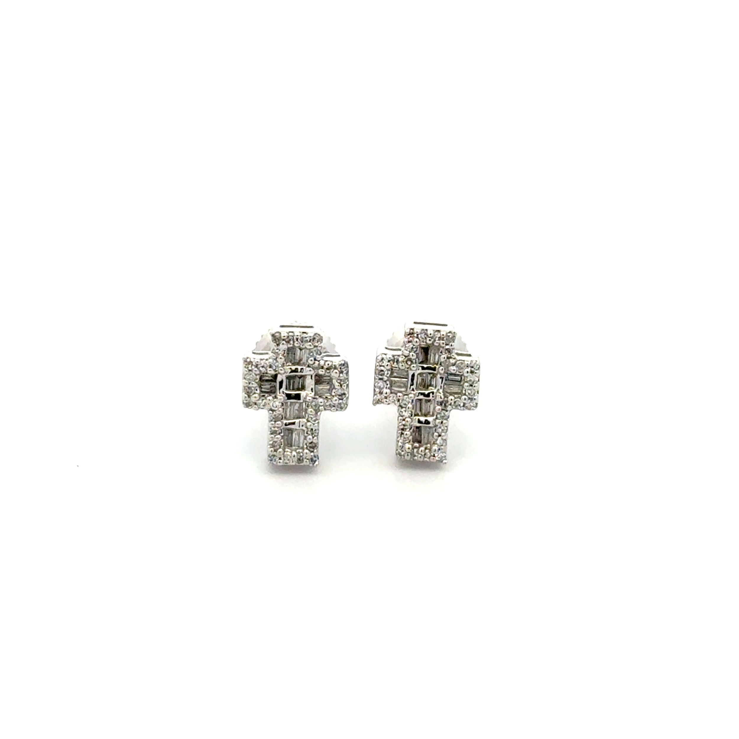 10K WG .45tcw Baguette & Round Diamond Cross Stud Earrings 1.9g, 9mm