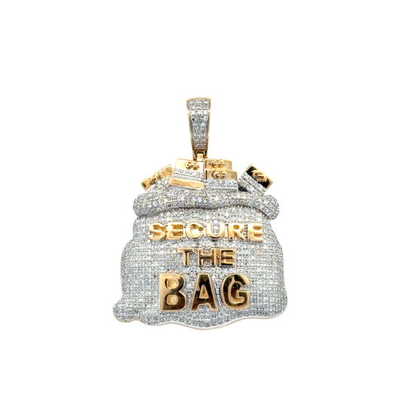 Closeup photo of 10K WG 1.00tcw RBC Diamond SECURE THE BAG Money Pendant 8.3g, 39mm