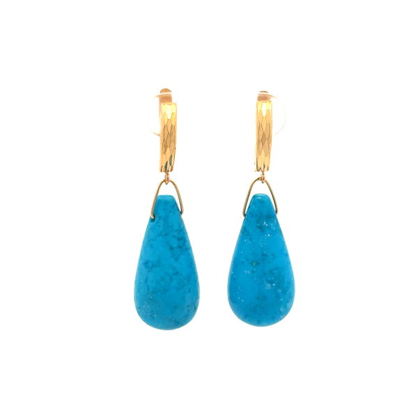 Closeup photo of 14K YG 40tcw Tear Drop Turquoise Drop on Hoop Earrings 10.g, 1.65"