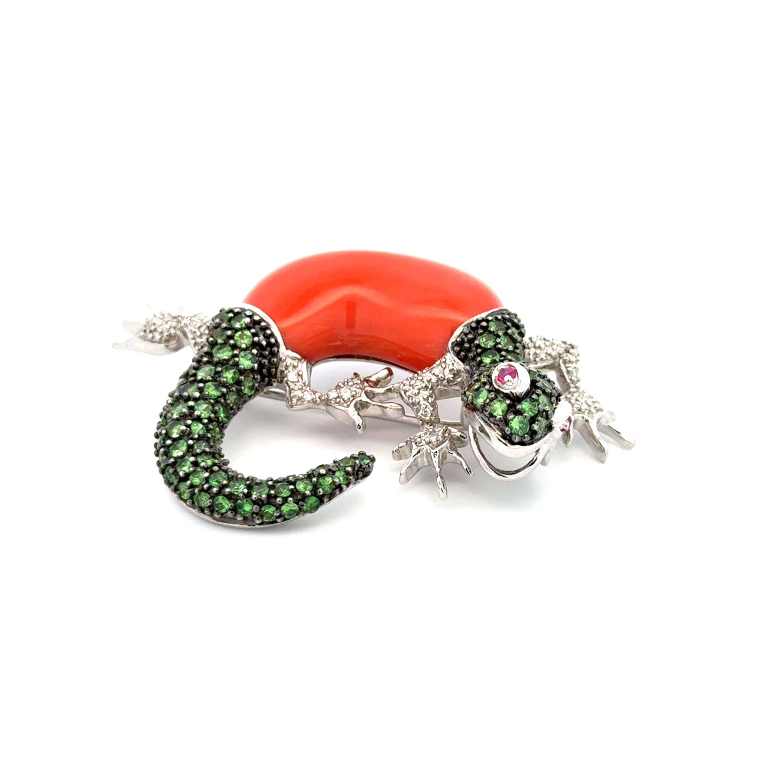 18K WG Coral, 2.50tcw Tsavorite, .12tcw Diamond & .03tcw Ruby GECKO Brooch 21.7g, 2.25" 18K WG Coral, 2.50tcw Tsavorite, .12tcw Diamond & .03tcw Ruby GECKO Brooch 21.7g, 2.25"