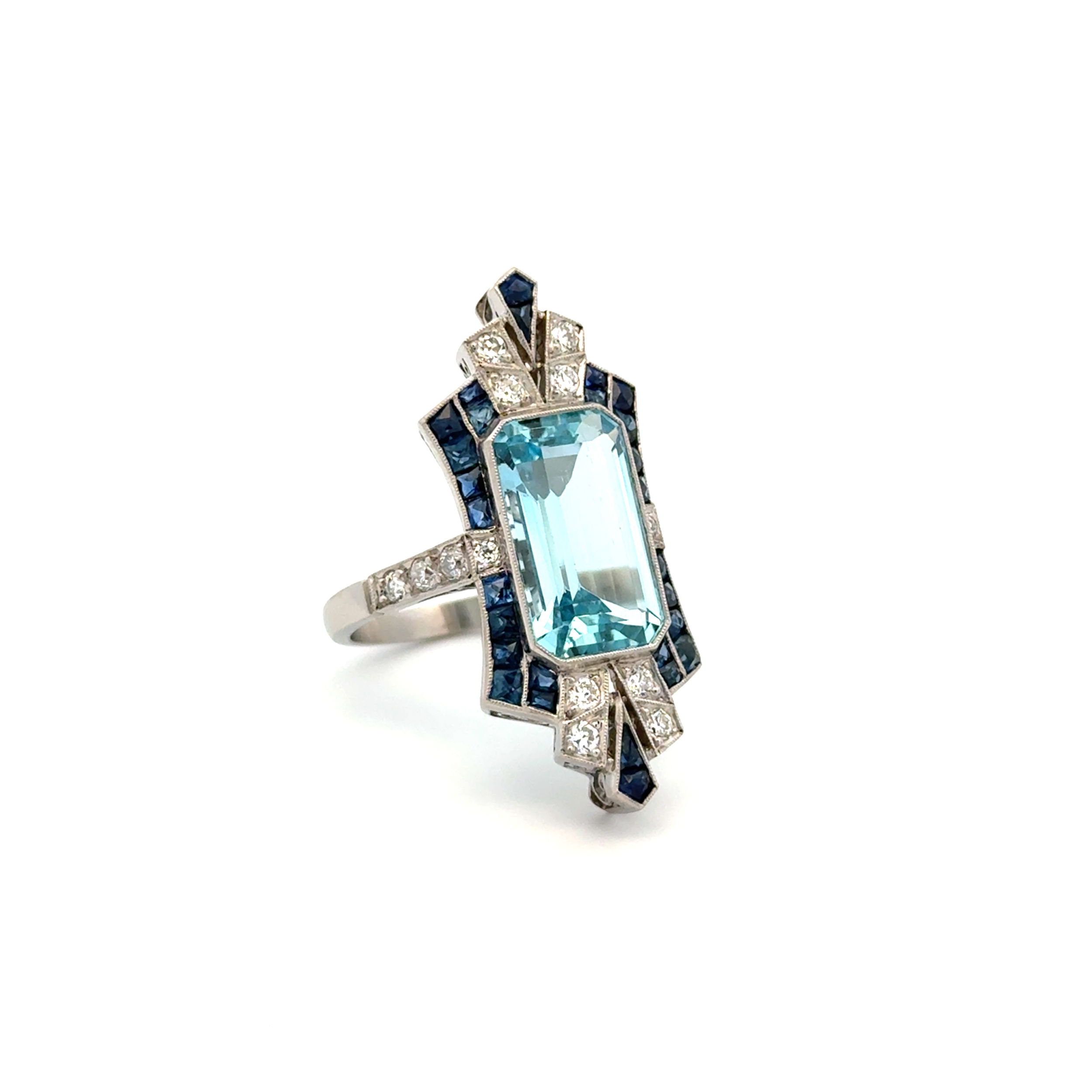 Platinum 8.89ct Emerald Cut Aquamarine, 1.50tcw Sapphire & .59tcw OEC Diamond Ring 9.7g, s6.5 Platinum 8.89ct Emerald Cut Aquamarine, 1.50tcw Sapphire & .59tcw OEC Diamond Ring 9.7g, s6.5