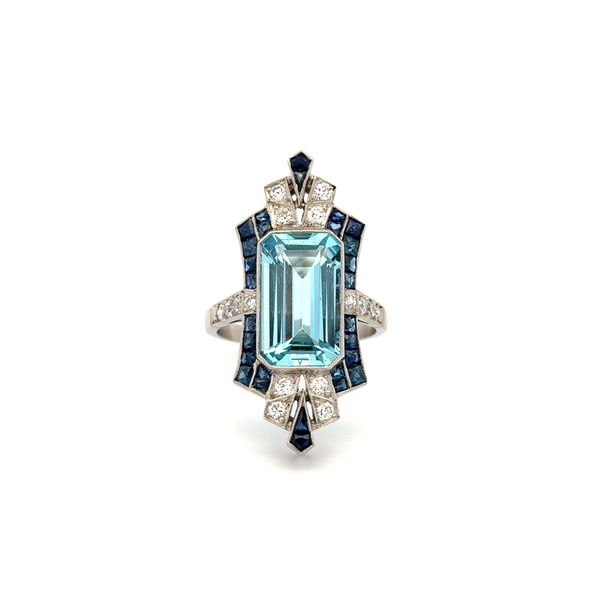 Closeup photo of Platinum 8.89ct Emerald Cut Aquamarine, 1.50tcw Sapphire & .59tcw OEC Diamond Ring 9.7g, s6.5