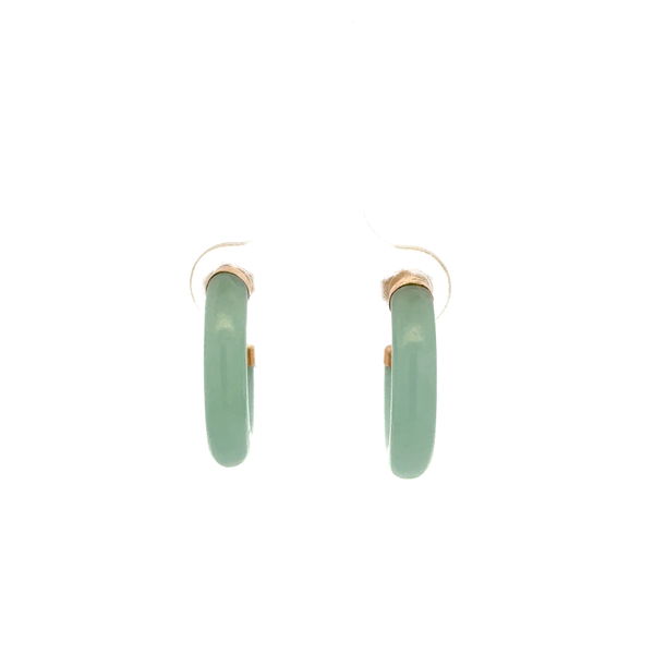 Closeup photo of 14K YG Tubular Jade Open Hoop Earrings on Post 3.5g, .8"