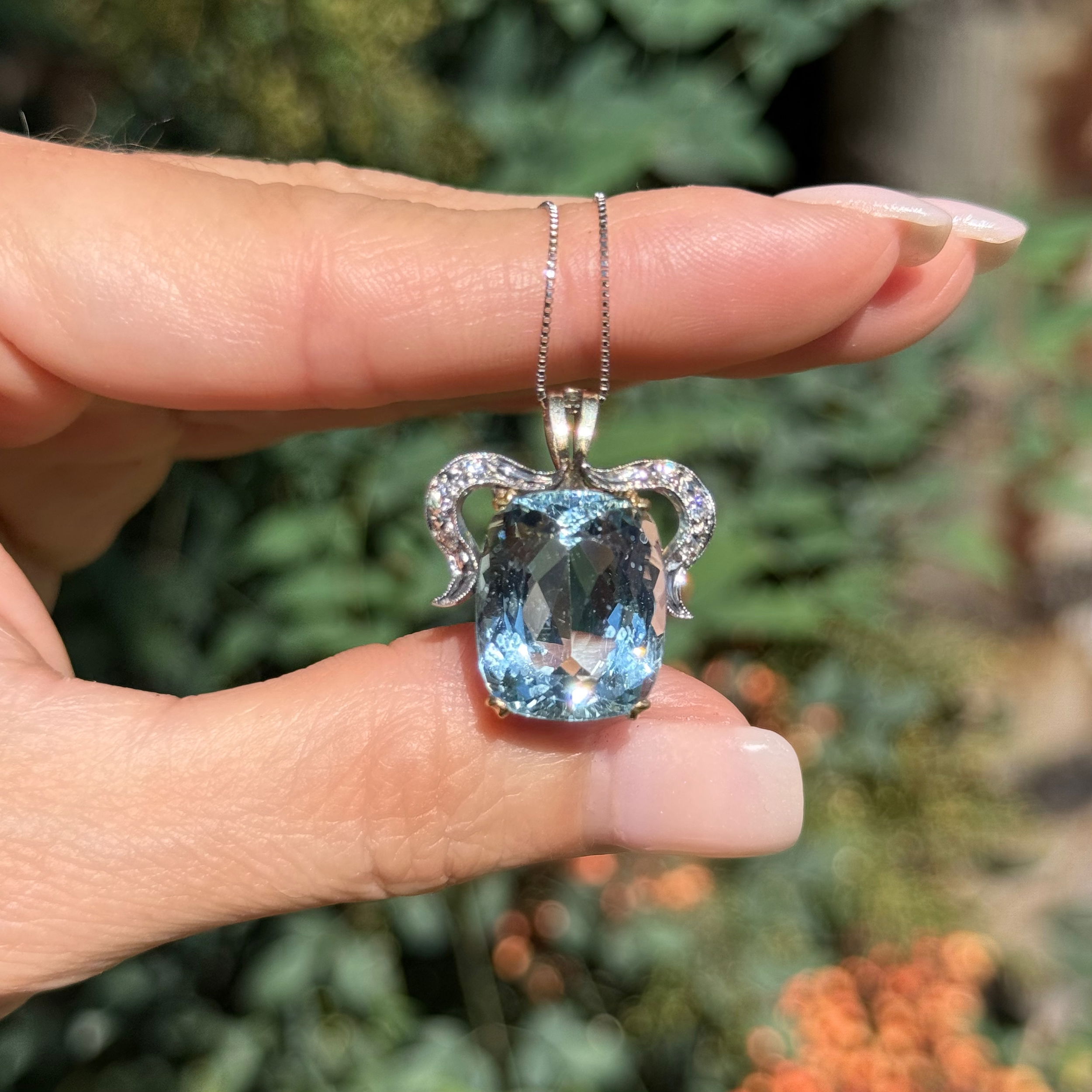 Palladium on 14K Edwardian 12ct Aquamarine & .12tcw Diamond Pendant on Plat Chain 8.7g, 18" Palladium on 14K Edwardian 12ct Aquamarine & .12tcw Diamond Pendant on Plat Chain 8.7g, 18"