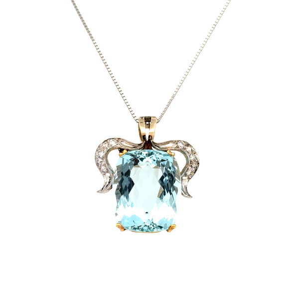 Closeup photo of Palladium on 14K Edwardian 12ct Aquamarine & .12tcw Diamond Pendant on Plat Chain 8.7g, 18"