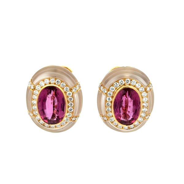 Closeup photo of 18K YG 16tcw Rubellite Tourmaline, 2.50tcw RBC Diamond & Quartz Crystal Clip Earrings 27.3g