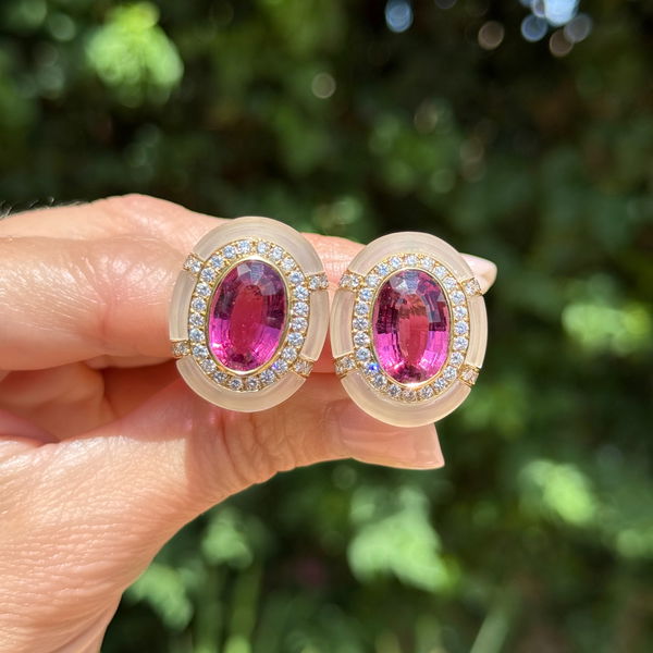 Closeup photo of 18K YG 16tcw Rubellite Tourmaline, 2.50tcw RBC Diamond & Quartz Crystal Clip Earrings 27.3g
