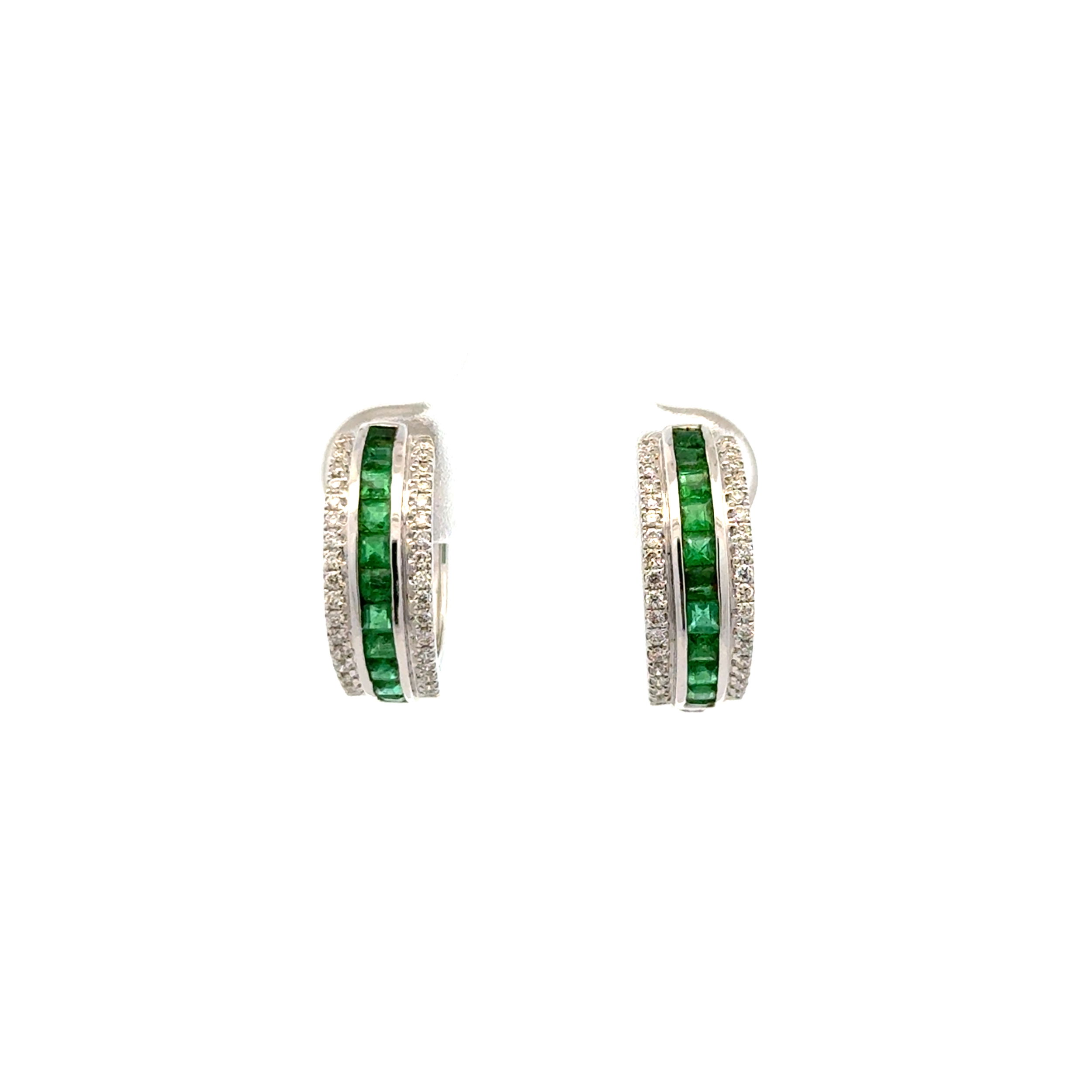 14K WG .85tcw Emerald & .36tcw RBCDiamond Round Huggie Hoop Earrings 5.5g