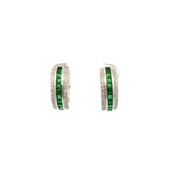 Closeup photo of 14K WG .85tcw Emerald & .36tcw RBCDiamond Round Huggie Hoop Earrings 5.5g