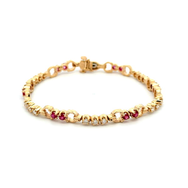 Closeup photo of 14K YG Retro Style .85tcw Ruby & .90tcw RBC Diamond Bit Link Bracelet 13.9g, 7"