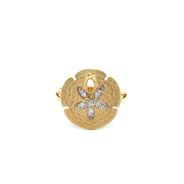 Closeup photo of 14K YG Brushed Gold Sand Dollar .05 RBC Diamond Ring 4.3g, s7.5