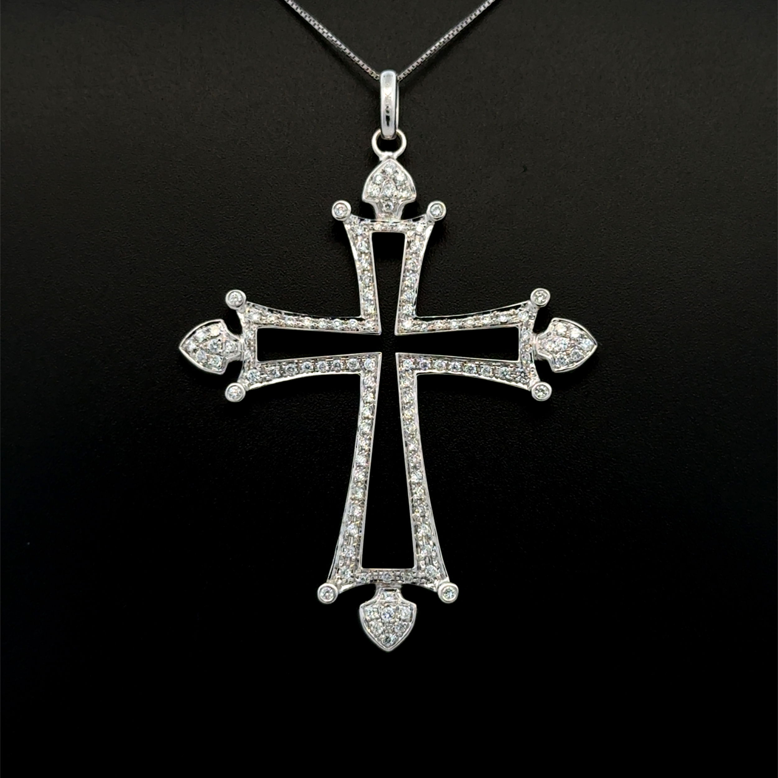 18K WG Open Fleur De Lis Design .98tcw RBC Diamond Cross Necklace 10.8g, 16" 18K WG Open Fleur De Lis Design .98tcw RBC Diamond Cross Necklace 10.8g, 16"