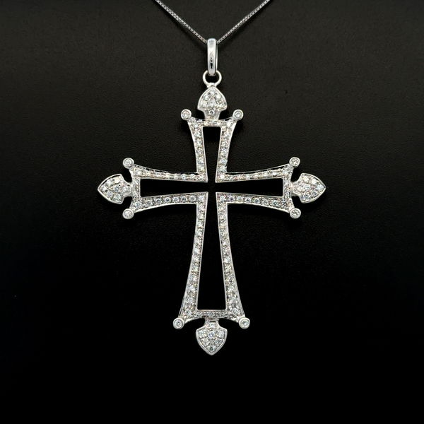 Closeup photo of 18K WG Open Fleur De Lis Design .98tcw RBC Diamond Cross Necklace 10.8g, 16"