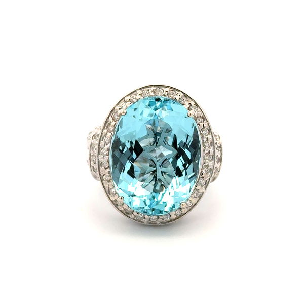 Closeup photo of 14K WG 19.11ct Oval Cut Aquamarine & 1.14tcw RBC Diamond Ring 18.6g, s11