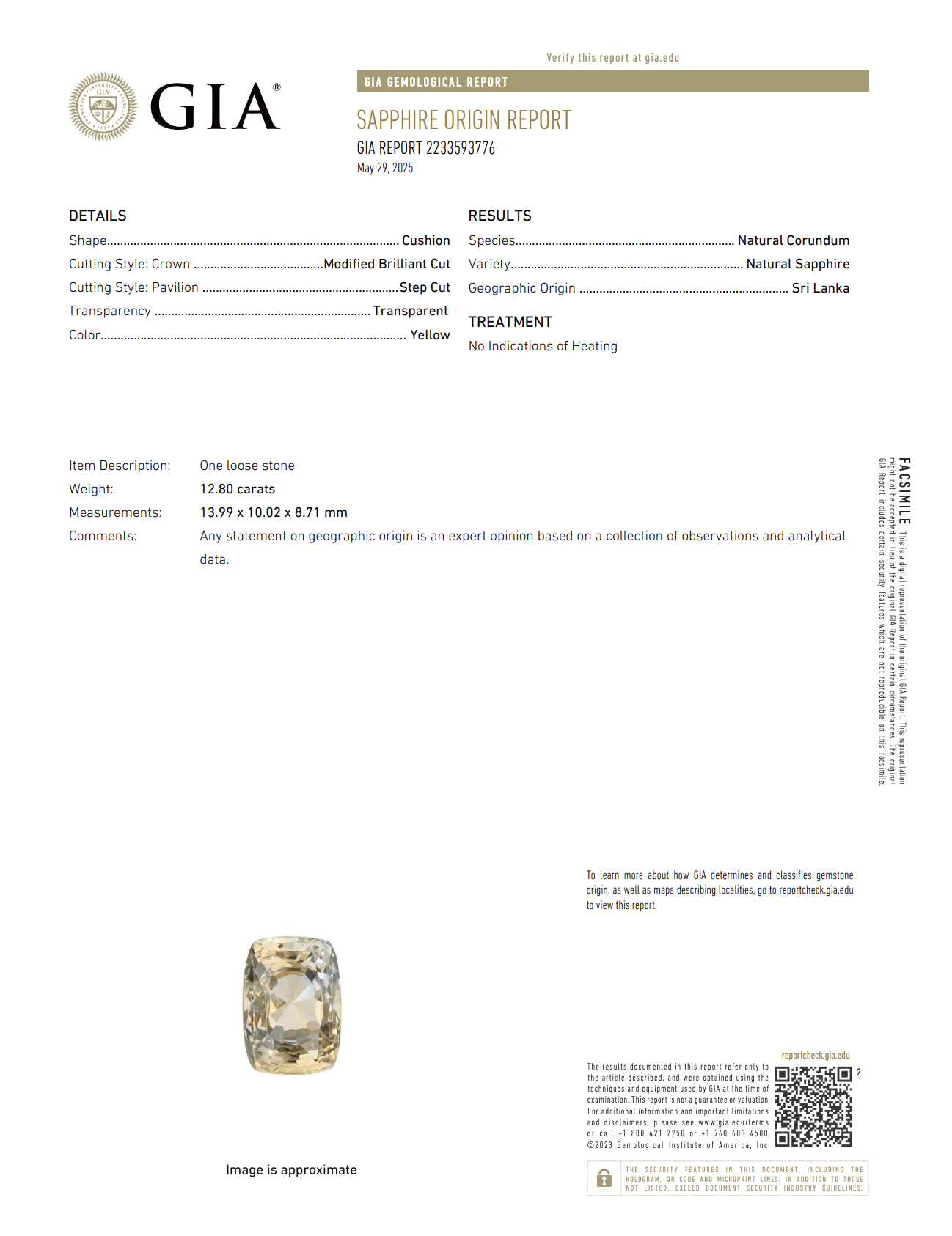 12.80ct Mixed Cushion Cut Yellow NO HEAT Ceylon Sapphire GIA 2233593776