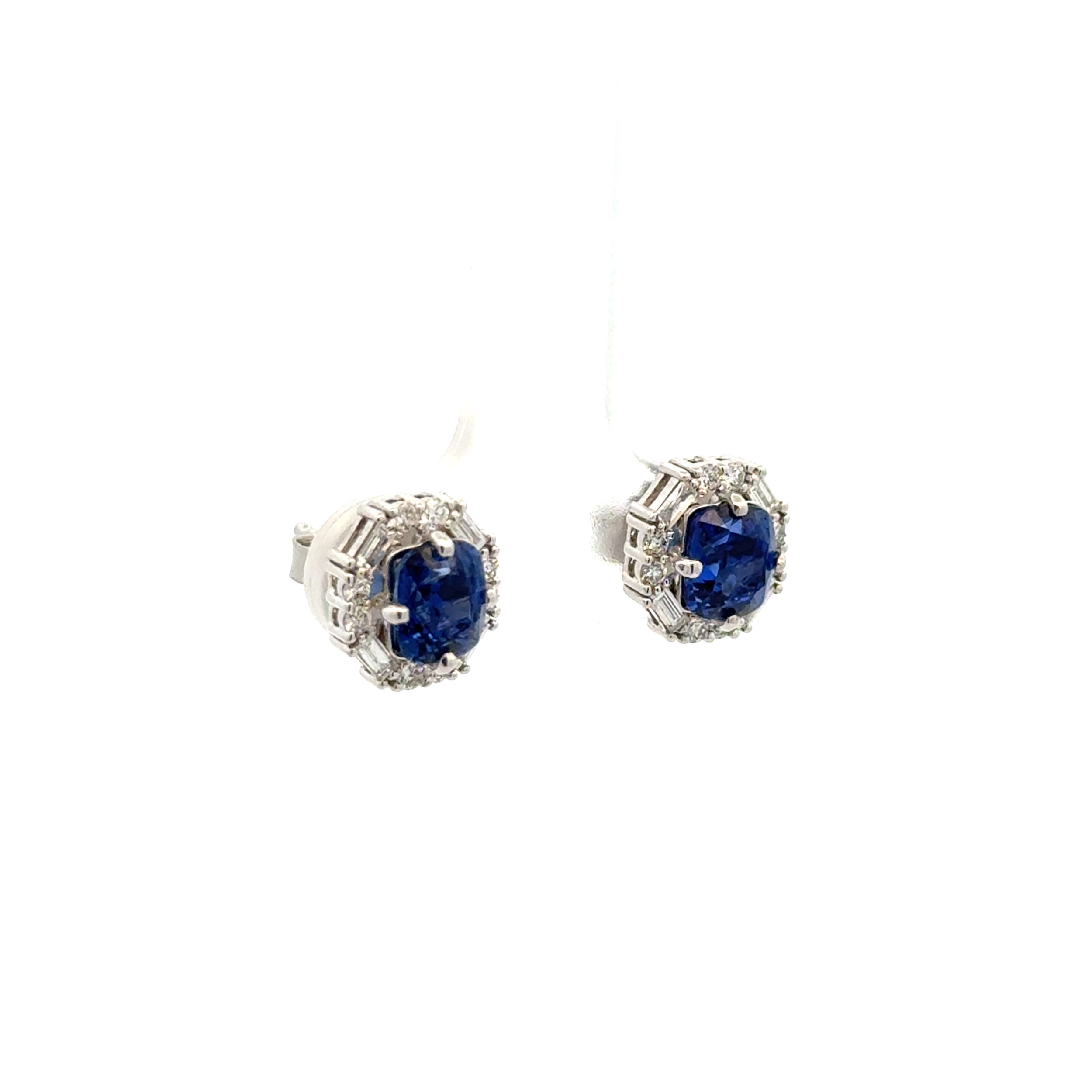 18K WG 2.08tcw Cushion Sapphire & .37tcw Baguette & RBC Diamond Stud Earrings 3.2g 18K WG 2.08tcw Cushion Sapphire & .37tcw Baguette & RBC Diamond Stud Earrings 3.2g