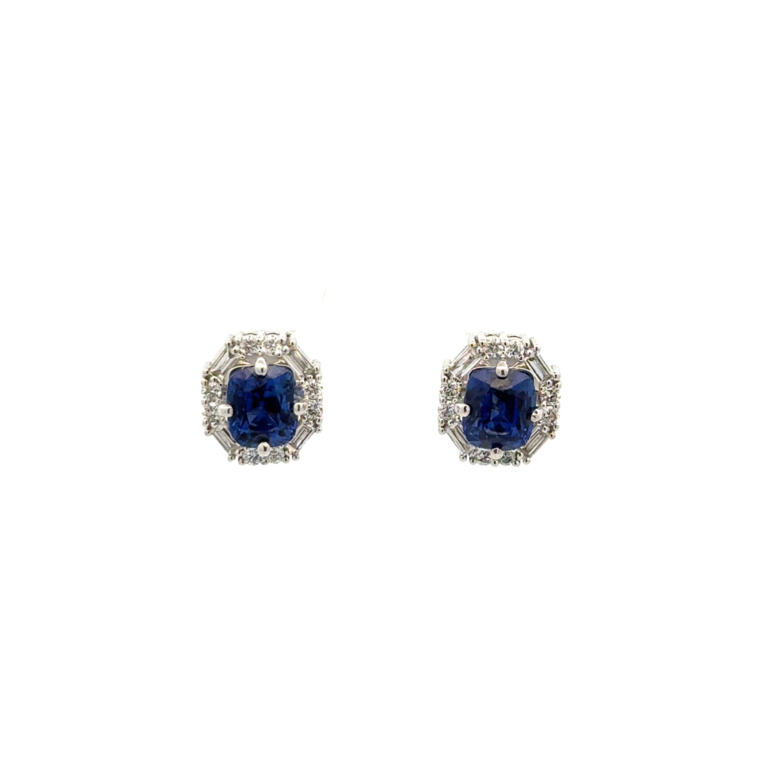 18K WG 2.08tcw Cushion Sapphire & .37tcw Baguette & RBC Diamond Stud Earrings 3.2g