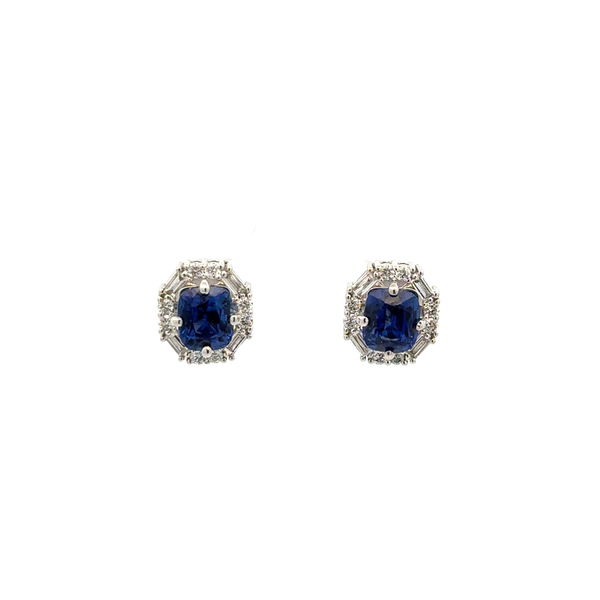 Closeup photo of 18K WG 2.08tcw Cushion Sapphire & .37tcw Baguette & RBC Diamond Stud Earrings 3.2g