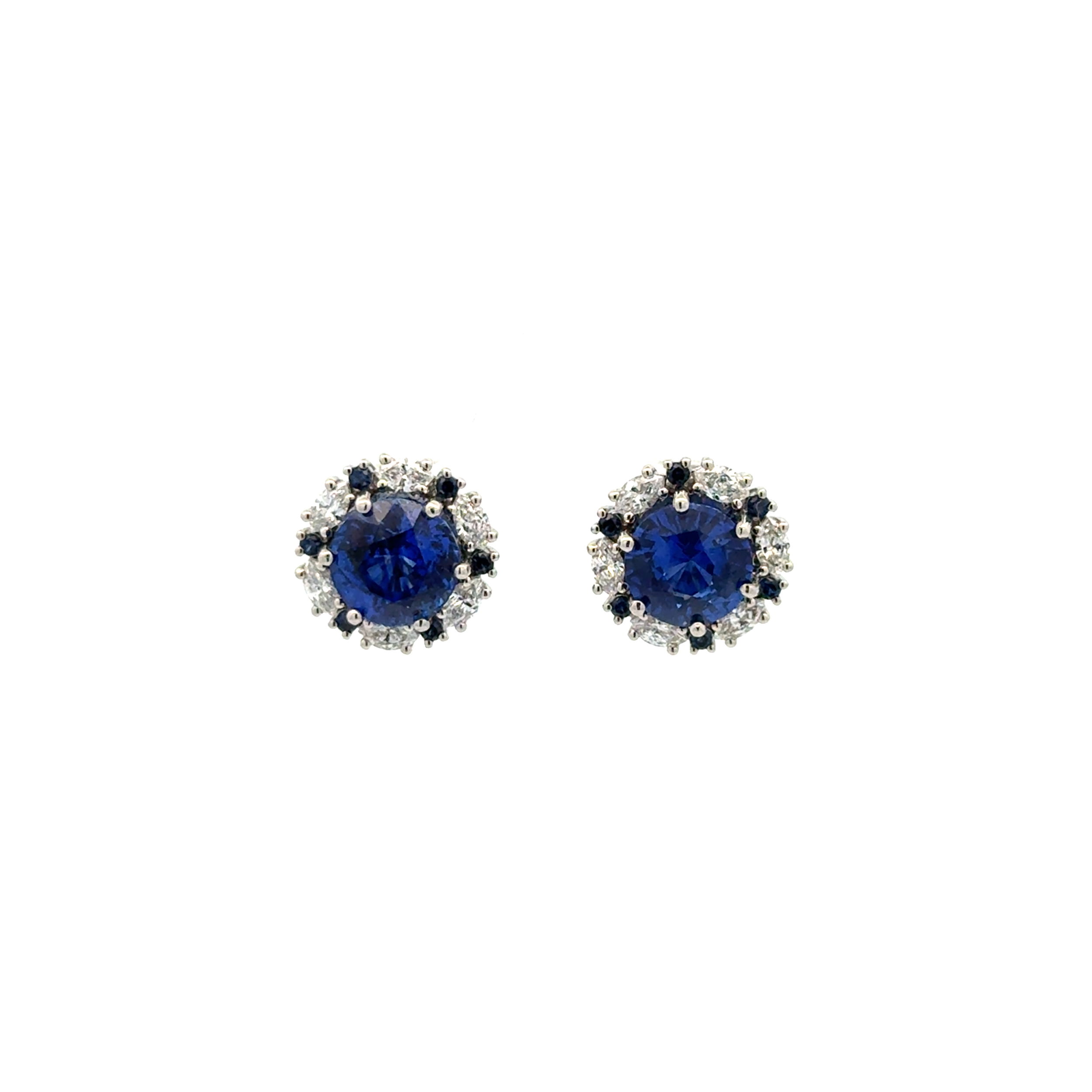 18K WG 4.13tcw Round Sapphire, .61tcw Marquis Diamond & .15tcw Sapphire Stud Earrings