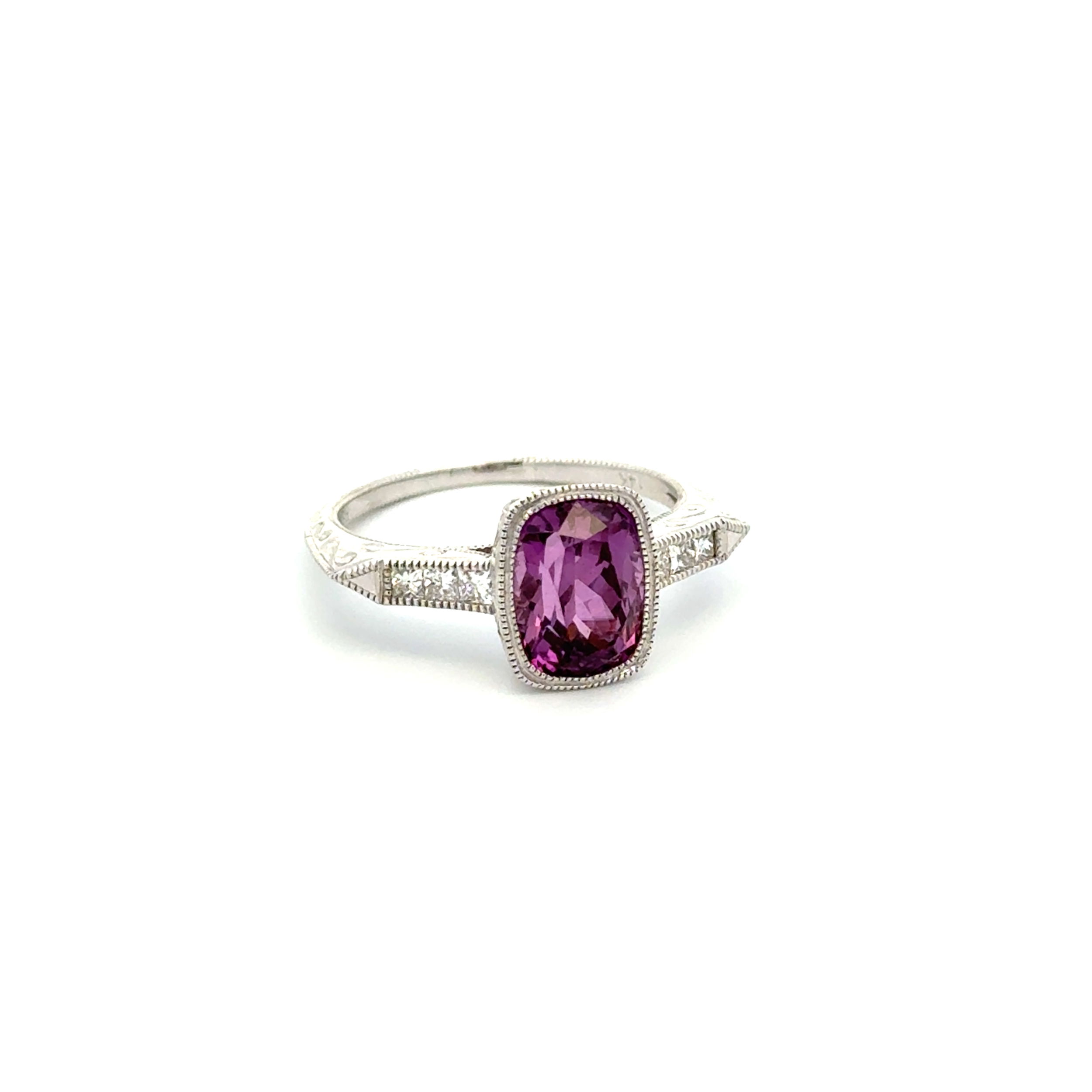 14K WG 2.62ct Cushion Purple Sapphire & .21tcw Diamond Engraved Ring 3.2g, s6.5