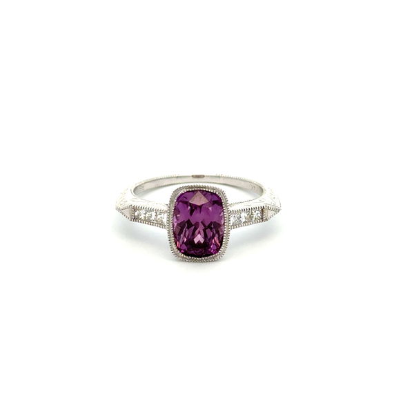 Closeup photo of 14K WG 2.62ct Cushion Purple Sapphire & .21tcw Diamond Engraved Ring 3.2g, s6.5