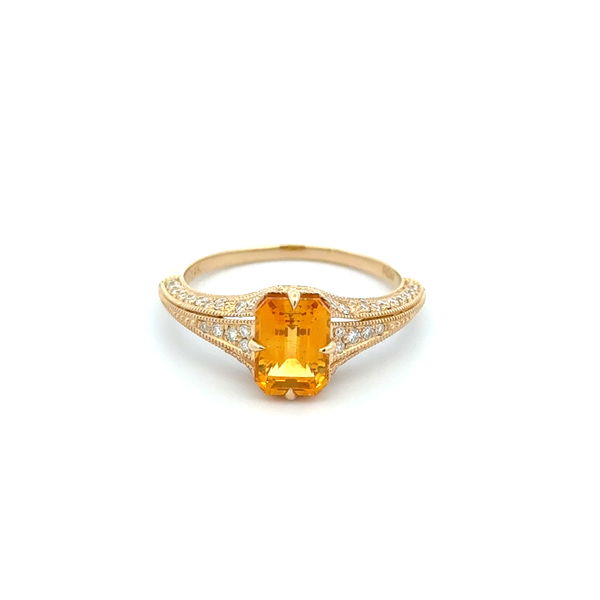 Closeup photo of 14K YG 1.64ct Emerald Cut Orangish Yellow Sapphire & .37tcw Diamond Ring 2.6g, s6.5