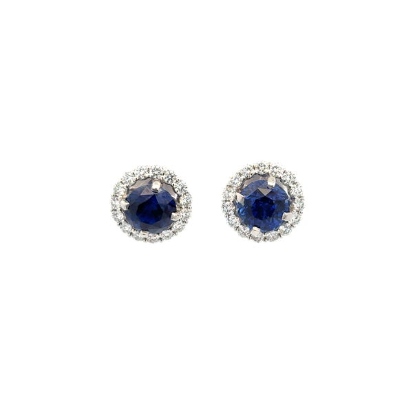 Closeup photo of Platinum 4.87tcw Round Sapphire & 1.00tcw RBC Diamond Halo Stud Earrings 7.9g