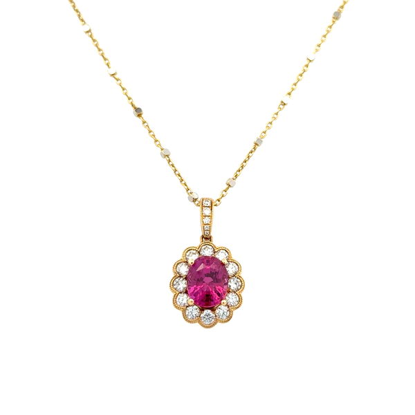 Closeup photo of 18K YG 2.27ct Oval Ruby & .65tcw RBC Diamond Pendant on 14K Chain 5.4g, 20"