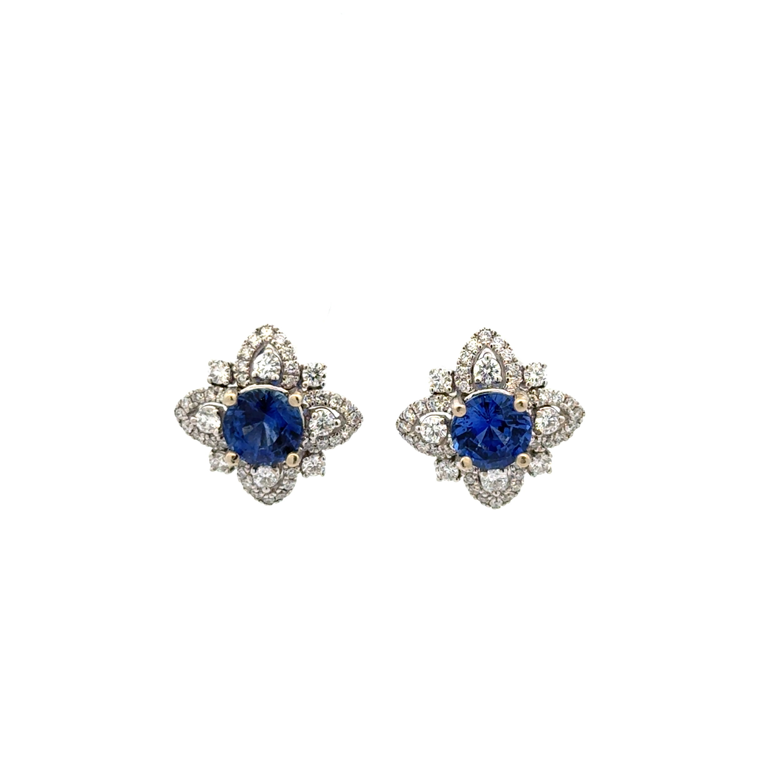 14K WG 2.47tcw Round Sapphire & .75tcw RBC Diamond Flower Style Stud Earrings 4.3g 14K WG 2.47tcw Round Sapphire & .75tcw RBC Diamond Flower Style Stud Earrings 4.3g