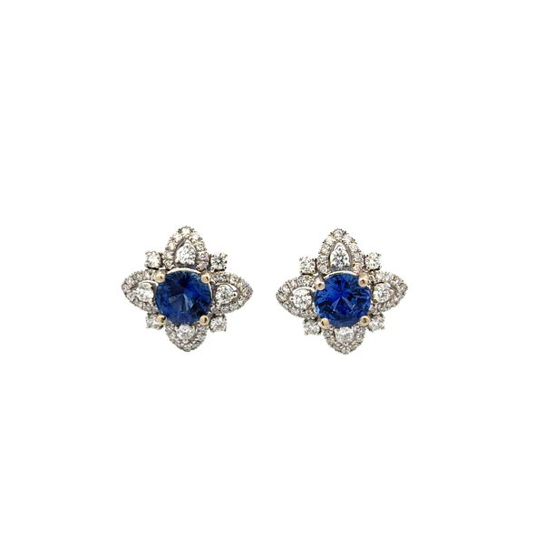 Closeup photo of 14K WG 2.47tcw Round Sapphire & .75tcw RBC Diamond Flower Style Stud Earrings 4.3g